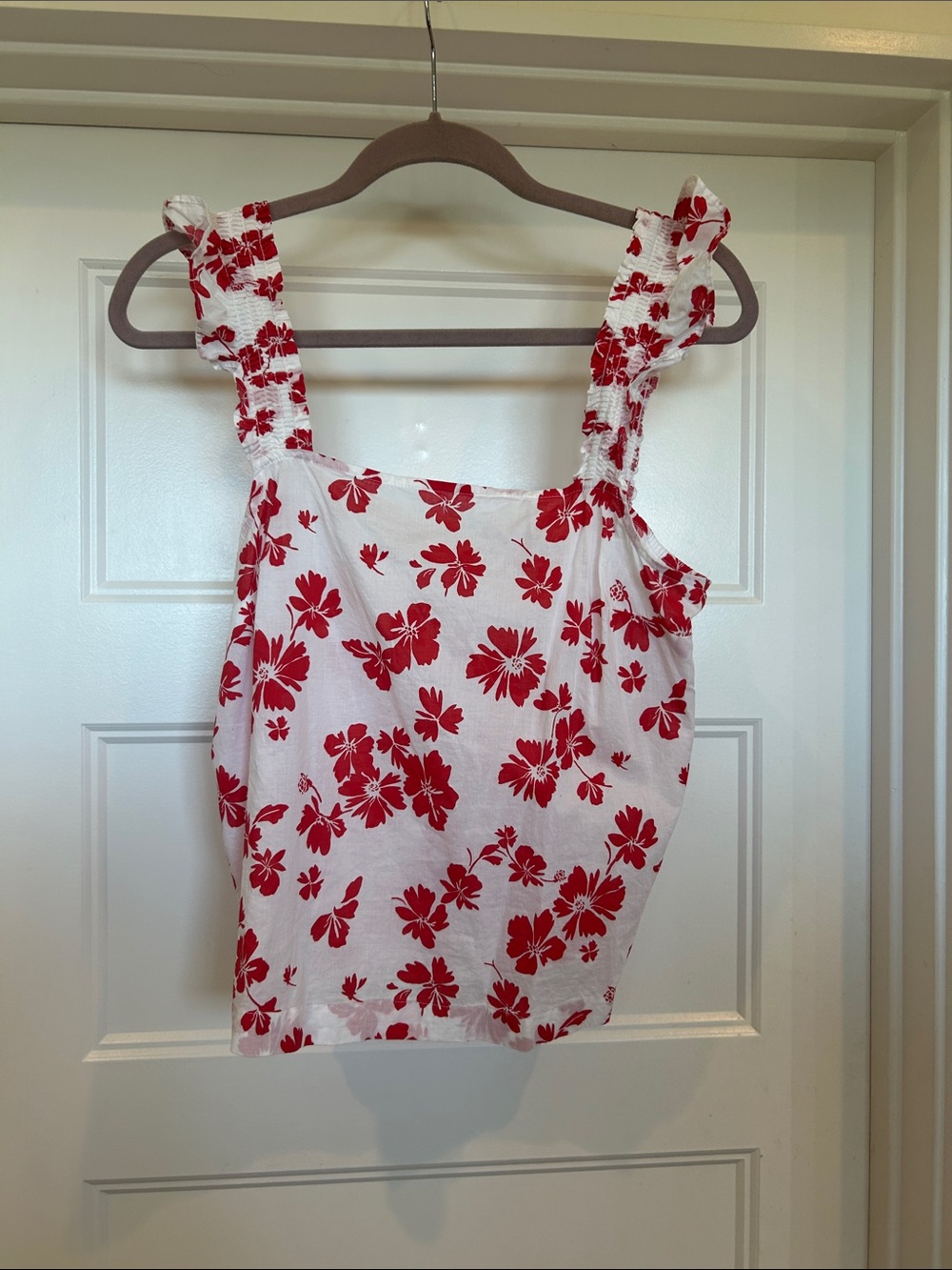 J. Crew White Tank Top with Red Floral Print and Ruffle Straps